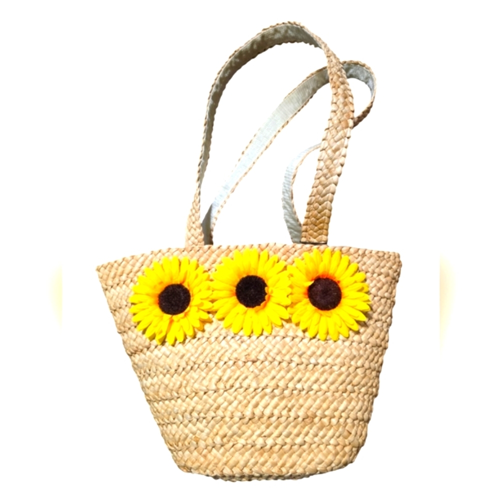 Straw Tote Bag with Sunflower Accents